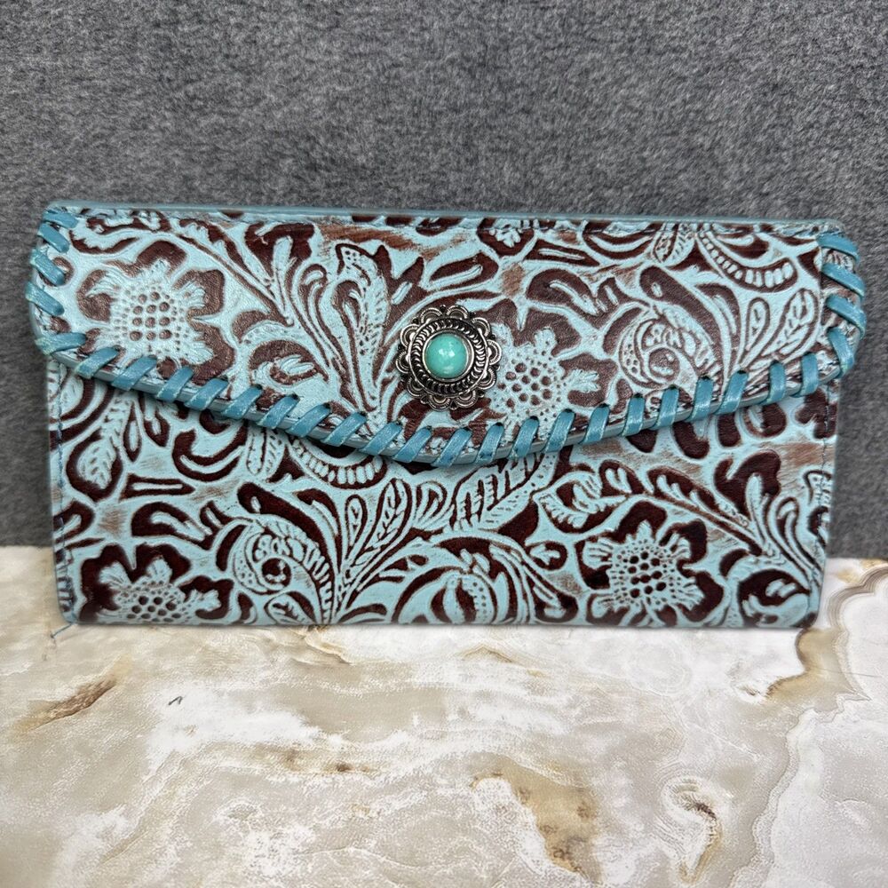 Turquoise Brown Floral Western Envelope Wallet Decorative Magnet Snap Trifold